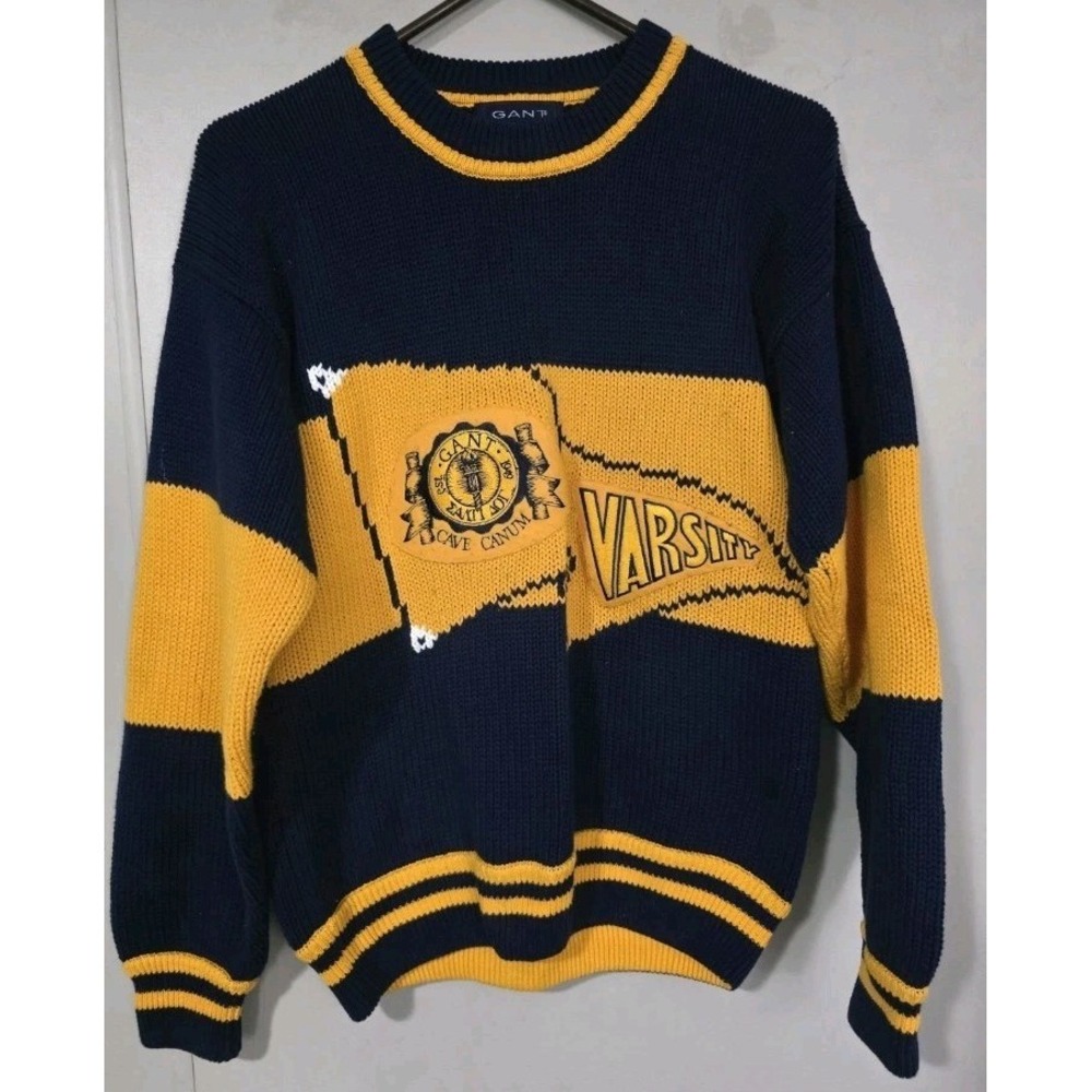 GANT varsity heavy Pullover Sweater Small Pendant Mens Navy Gold Hand Intarsia